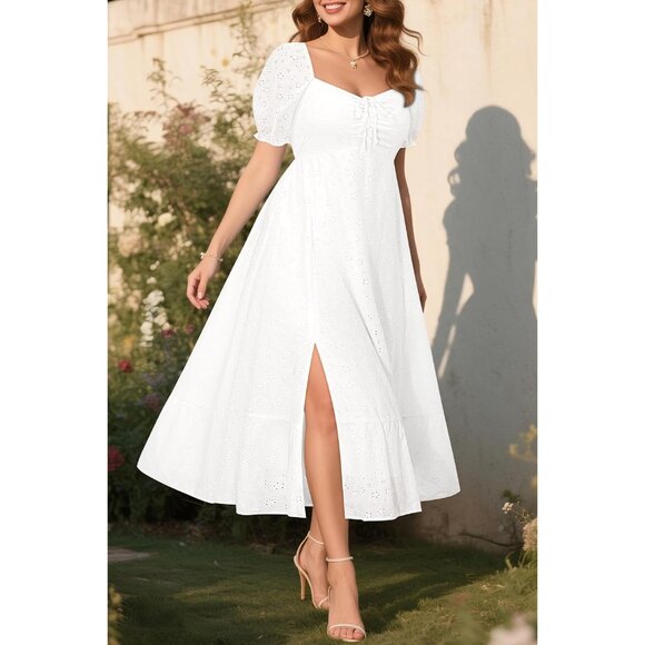 Plus Size Summer Dress Women Eyelet Puff Sleeve V-Neck Casual Maxi - Picture 4 of 5